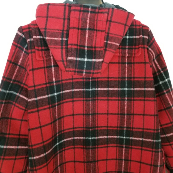 Gap Contrast Wool Blend Toggle Coat Sz M Red Black Plaid Classic Academia Hooded - Picture 6 of 11